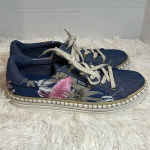 Bobs By Sketchers Blue denim, Hawaiian floral lace ups, size 9.5